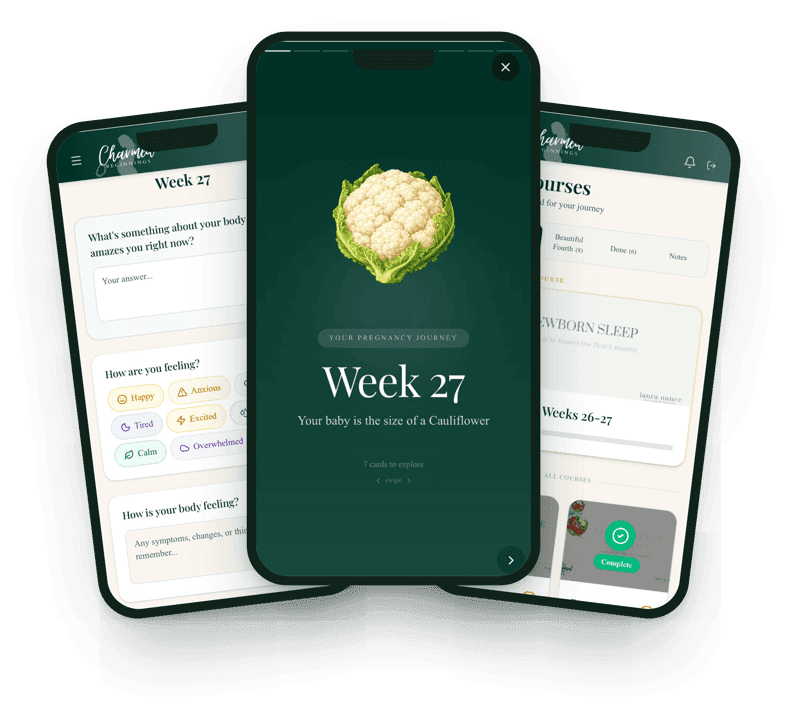 Charmed Beginnings app showing weekly pregnancy updates, journal, and courses